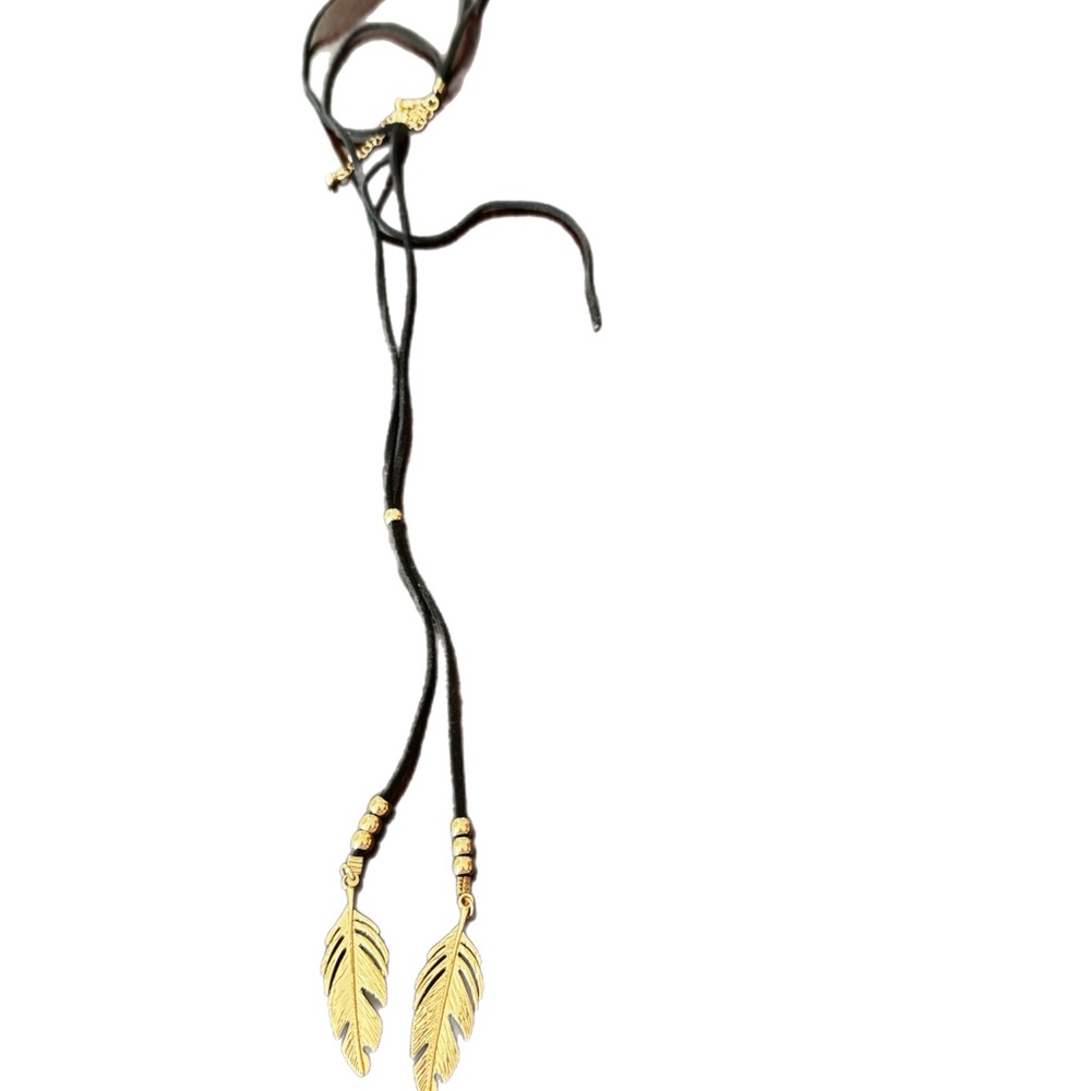 Bohemian Faux Leather Rope Necklace w/ Feather Pendants - Picture 2 of 4